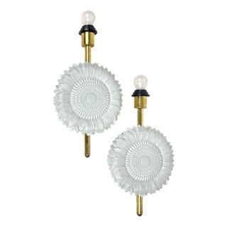 White Ceramic & Brass Wall Light Sconces, Italy, 1970s, Set of 2 For Sale