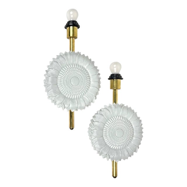 White Ceramic & Brass Wall Light Sconces, Italy, 1970s, Set of 2 For Sale