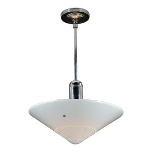 1930s Streamline Conical Milk Glass Pendant Light With Embossed Papyrus Leaves