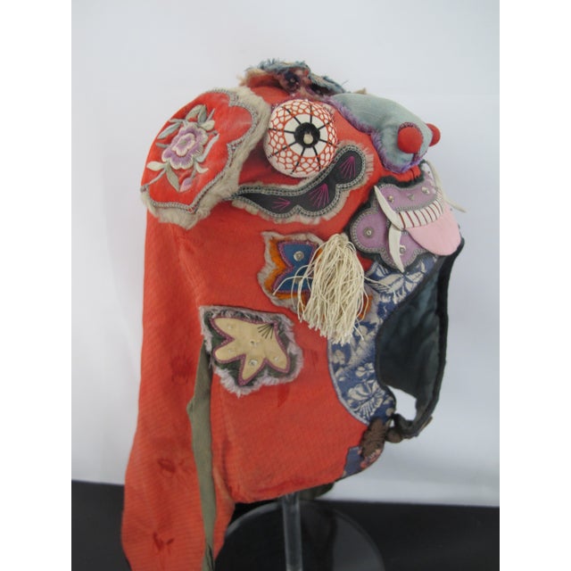 Red Antique Chinese Elaborate Silk Embroidered Dragon Tiger Baby Hat With Butterfly For Sale - Image 8 of 9
