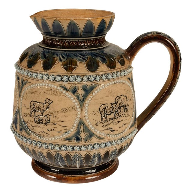 Late 19th Century Antique Aesthetic Movement Doulton Lambeth Hannah Barlow Stoneware Jug Sheep, 1873 For Sale - Image 5 of 17