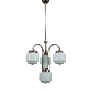 Art Deco Nickel Pendant Light with Cylindrical Light Opaline Shades, Czechoslovakia, 1930s For Sale