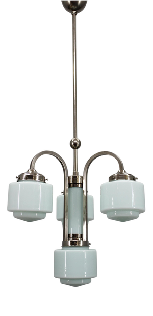 Art Deco Nickel Pendant Light with Cylindrical Light Opaline Shades, Czechoslovakia, 1930s