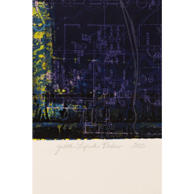 A color serigraph depicting a classical column rendered in yellow tones against a layered blue and gold ground with...