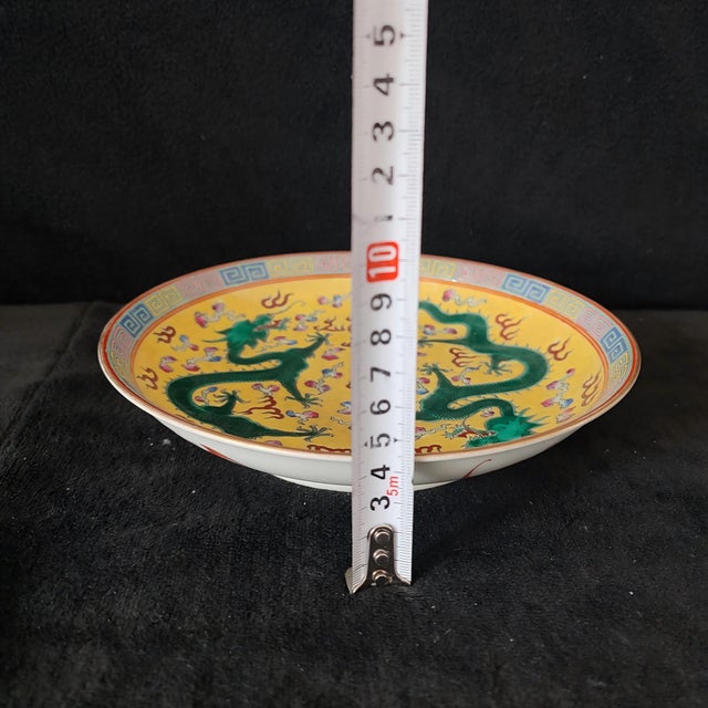 Chinese Ceramic Plate,Qianlong Marked Yellow Ground Famille Rose Porcelain Plate Hand Painted Double Dragon Pattern For Sale - Image 10 of 10