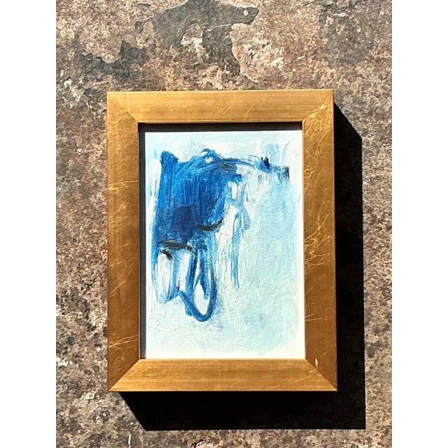 This captivating miniature abstract oil painting is a masterful display of mid-to-late 20th-century gestural...
