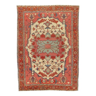 Antique Persian Serapi Carpet, Handmade Rug Ivory, Light Blue, Rusty Red For Sale
