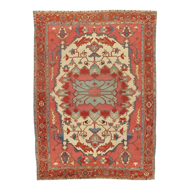 Antique Persian Serapi Carpet, Handmade Rug Ivory, Light Blue, Rusty Red For Sale