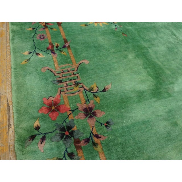 Outstanding Jade-Green Background Color With Details of Purple Flowers Vases in a Floral Design Chinese Art Deco Rug For Sale - Image 10 of 15