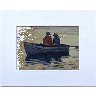 Couple Fishing at Golden Hour - 5x7" Painting on Paper in 8x10 White Matte For Sale
