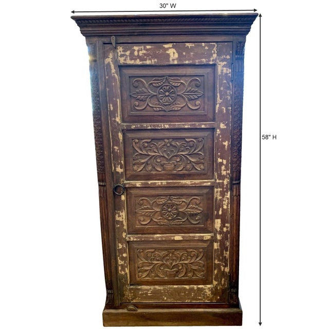 1990s Vintage Carved Single Door 58" Tall Distressed Armoire For Sale - Image 5 of 5