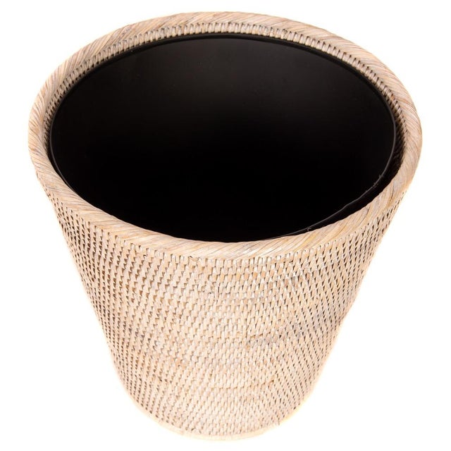2020s Artifacts Rattan Round Tapered Waste Basket with Metal Liner in White Wash - 12" For Sale - Image 5 of 7