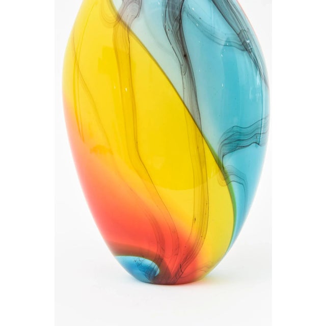 Vintage Murano Signed Italian Fratelli Glass Vase Orange Red, Turquoise, Blue, Yellow, Charcoal Black Vase, Vessel 80's For Sale - Image 10 of 12