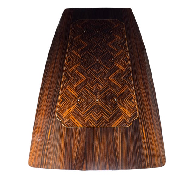French Mid Century Macassar Ebony Parquetry Inlaid Expandable Dining Room Table W/ Leaves For Sale - Image 15 of 18