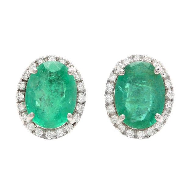 Natural Emerald & Diamond Stud Earrings in 18k Gold, 4.35ct For Sale - Image 4 of 8