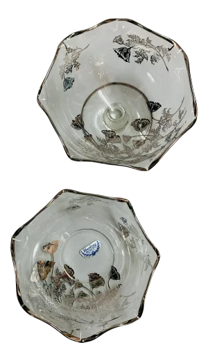 Mid 20th Century Silver City Glass Co. Art Nouveau "Poppy" Silver Overlay Compote Bowls - Set of 2