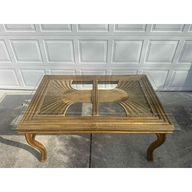 Mid-Century Modern Vintage Wicker & Rattan Dining Set With Glass Top Table and 6 Upholstered Cane Chairs For Sale - Image 3 of 13