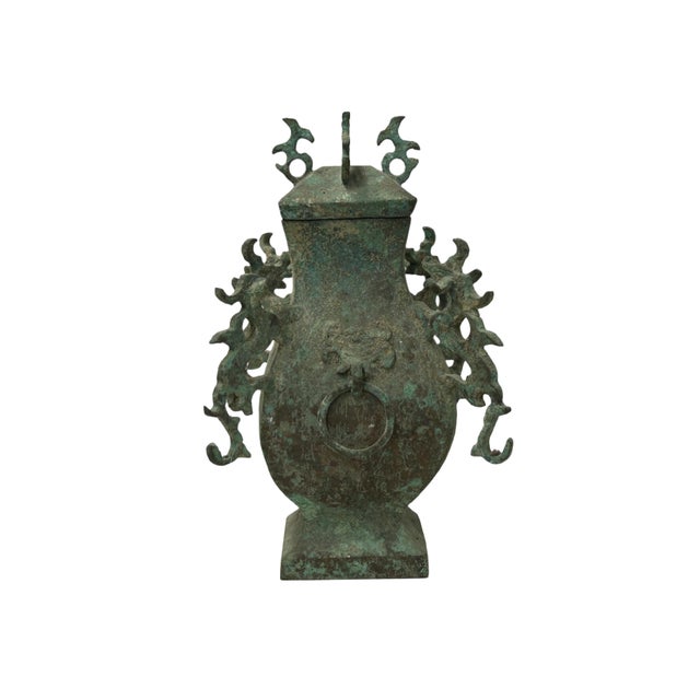 1980s Green Gray Metal Carved Ritual Fengshui Vessel Display Art For Sale - Image 5 of 11