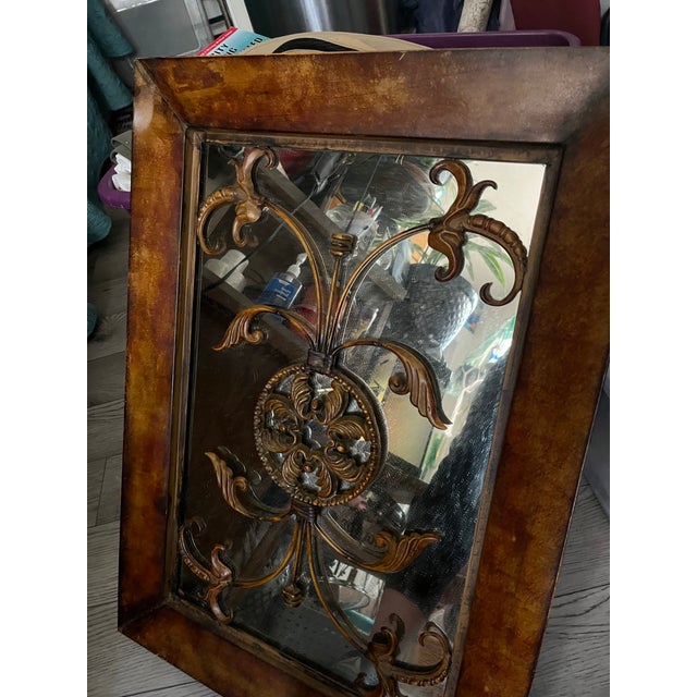 Rare Vintage, Antiqued Metal Overlain Oak Framed, Floral Scroll-Worked, Accent Wall Mirror (30” X 20”) For Sale - Image 4 of 6
