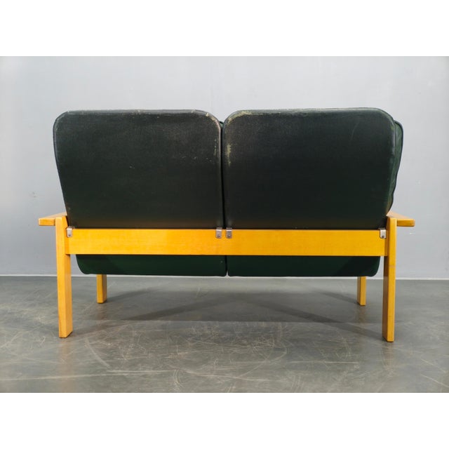 1970s Mid-Century Modern Green Leather Two-Seat Sofa, Czechoslovakia, 1970s For Sale - Image 5 of 15