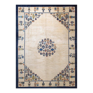 1920s Ivory Vase Medallion Antique Chinese Peking Knotted Wool Carpet Rug