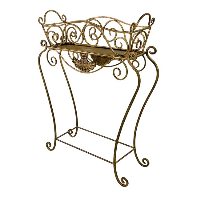 1970s Vintage Neoclassical Hollywood Regency Metal Plant Stand With Scroll Design For Sale