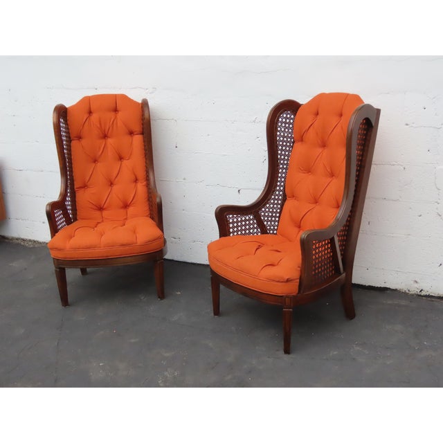 Hollywood Regency Extra Tall Caned Wing Back Livingroom Side Chairs a Pair 6654 For Sale - Image 15 of 17