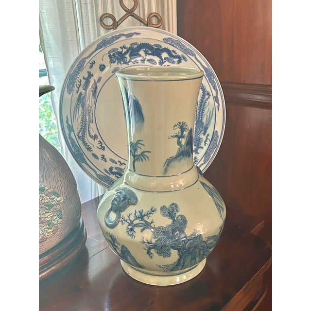 Chinoiserie Vintage Chinoiserie Celadon & Cobalt Blue Vase With Lion Mask Handles For Sale - Image 3 of 11