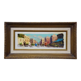 European Impressionist Market Place Street Scene Oil Painting on Board 17" For Sale