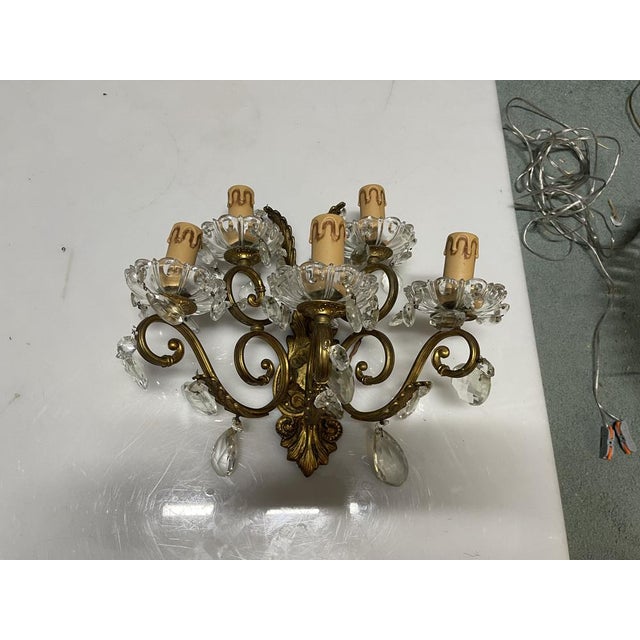 Metal Large Bronze and Crystal Wall Sconces, Italy, 1950s, Set of 2 For Sale - Image 7 of 15