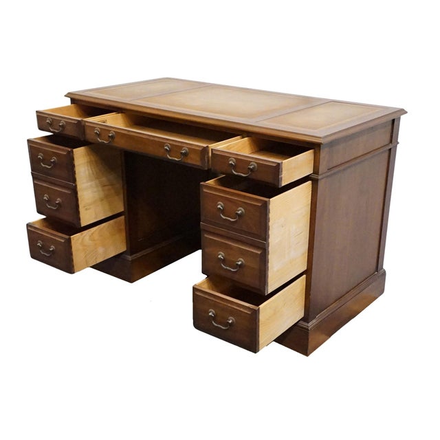 Sligh Lowry Solid Pine Early American Country Style 46" Double Pedestal Writing Desk W. Tooled Leather Top For Sale In Kansas City - Image 6 of 12