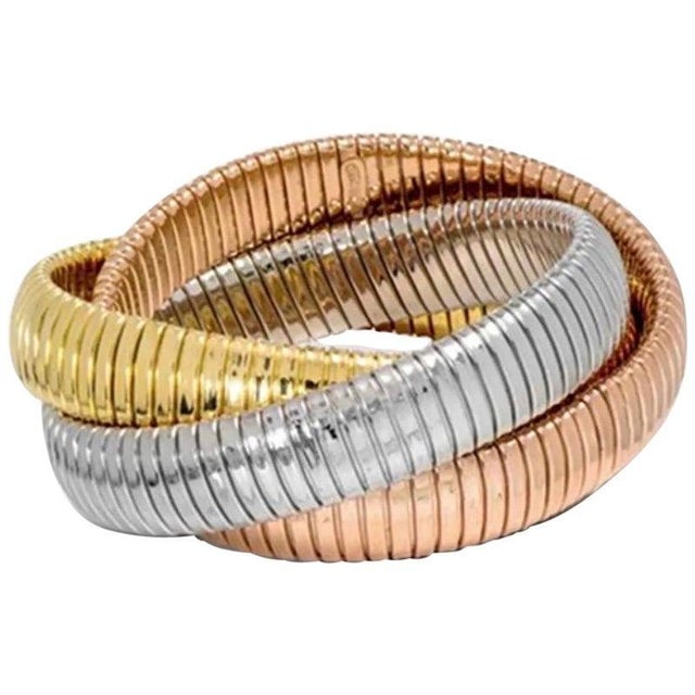 Estate " H Gold" Tri Color Interwoven Rolling Stretch Bracelet 18yg, Rg, Wg 87Gm For Sale - Image 14 of 17