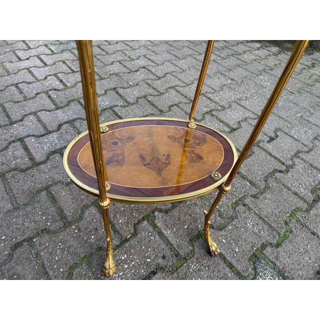 1980 French Louis XVI Gold Mahogany Marble Side Tables 2pc For Sale - Image 4 of 17