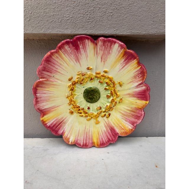 French Majolica pink flower plate Delphin Massier, circa 1890.