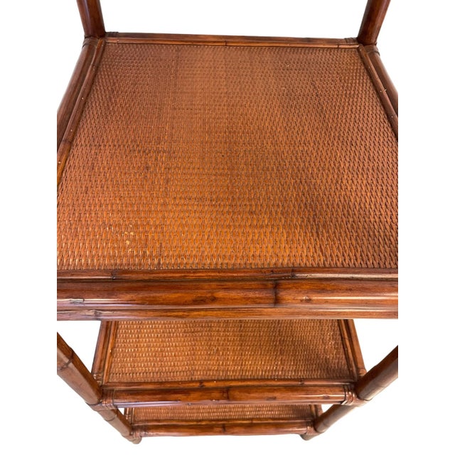 Chestnut Vintage Rattan Leather Wrapped McGuire Style Etagere For Sale - Image 8 of 10