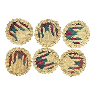 Vintage Round Woven Herringbone Raffia Coasters in Pink Brown and Green Set of 6 For Sale