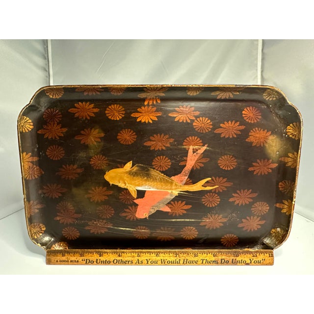 Brown Antique Japanese Maki-E Lacquer Tray: Koi Fish and Floral Design For Sale - Image 8 of 9