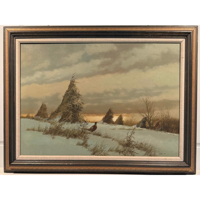 Original oil on canvas landscape painting of a winter field at sunrise with a single pheasant. Titled, ‘Out to Feed’ and...