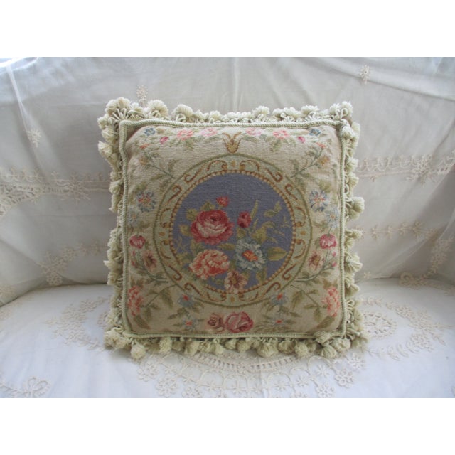 This is a Gorgeous! Vintage French Floral Petit Point & Needlepoint Accent Pillow with Beautiful Pink Roses and Blue...