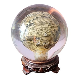 Vintage Chinese Reverse Interior Painted Glass Paperweight Sphere on Wood Base, C1950s For Sale