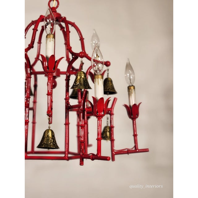 Hollywood Regency Faux Bamboo Pagoda Hollywood Regency Birdcage 9 Light Chandelier Brass Bells For Sale - Image 3 of 10