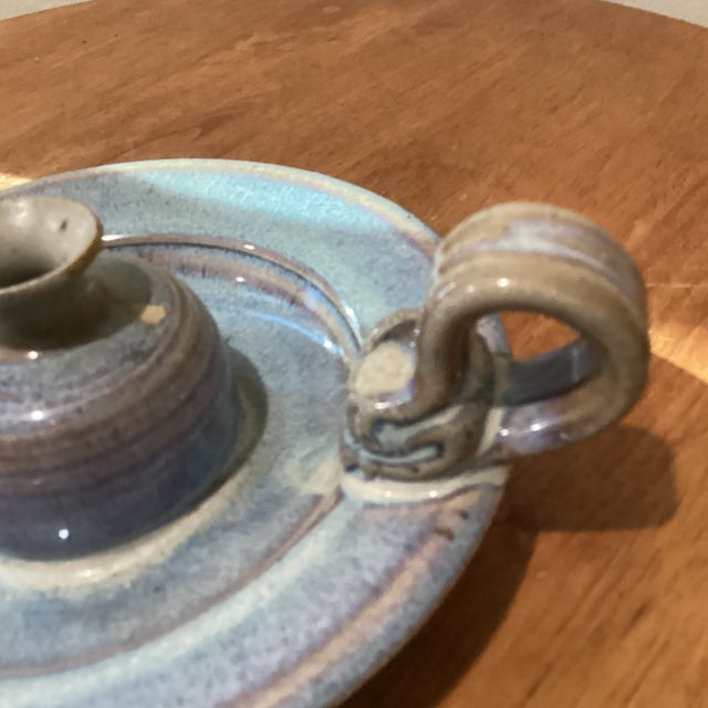 Ceramic Vintage Studio Pottery Handcrafted Stoneware Glazed Candle Holder W/Attached Drip Plate Signed For Sale - Image 7 of 12