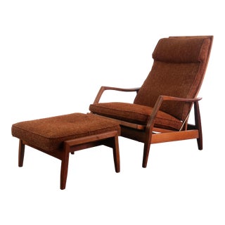 1960s Milo Baughman Lounge Chair Recliner with Ottoman in Original Brown Fabric - a Pair For Sale