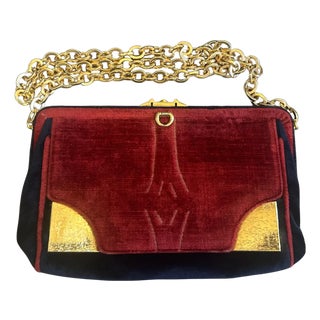 1970s Amazing Blue and Red Velvet and Brass Italian Shoulder Bag For Sale
