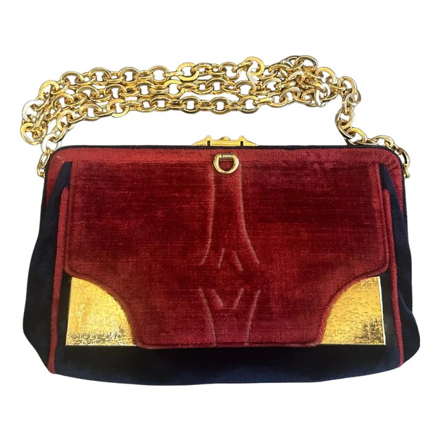 1970s Amazing Blue and Red Velvet and Brass Italian Shoulder Bag For Sale