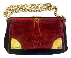 1970s Amazing Blue and Red Velvet and Brass Italian Shoulder Bag