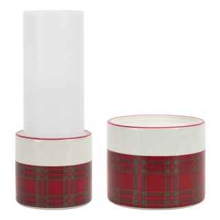 Winter Plaid Ceramic Candle Holder (Set of 2) For Sale