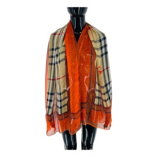 Burberry Beige & Orange Plaid 100% Silk Scarf For Sale