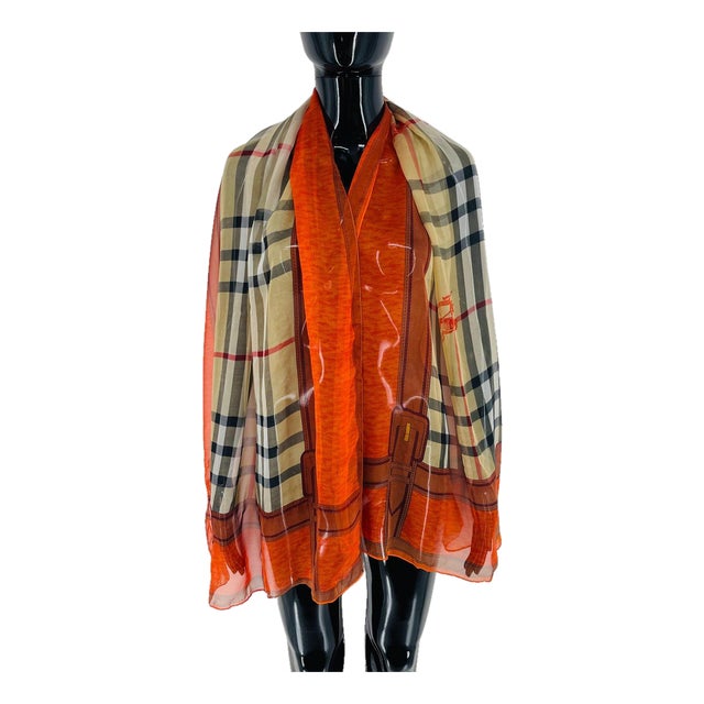 Burberry Beige & Orange Plaid 100% Silk Scarf For Sale
