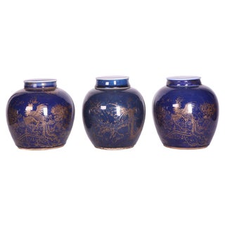Late-18th Century Chinese Blue-Glazed & Gilt Porcelain Ginger Jars, Set of 3 For Sale